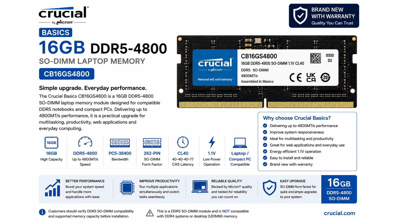 Crucial Basics CB16GS4800, 16GB DDR5-4800 SO-DIMM Laptop RAM, 4800MT/s, PC5-38400 with Warranty | CB16GS4800